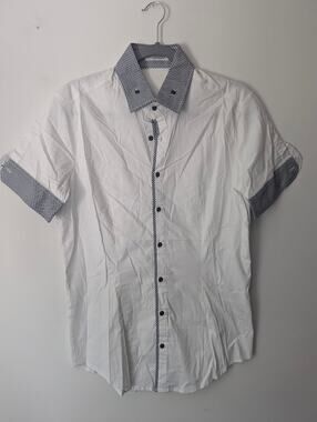 Italian Designer White Button-Up Shirt Men’s Small Slim Fit Blue Contrast Trim